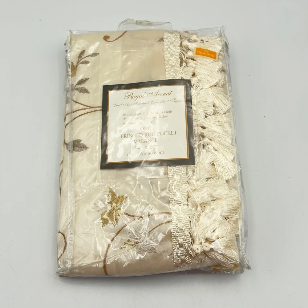 Royal Accent Beige‎ Embroidered Taffeta Fringed Rod Pocket Valance 54x20 Lined